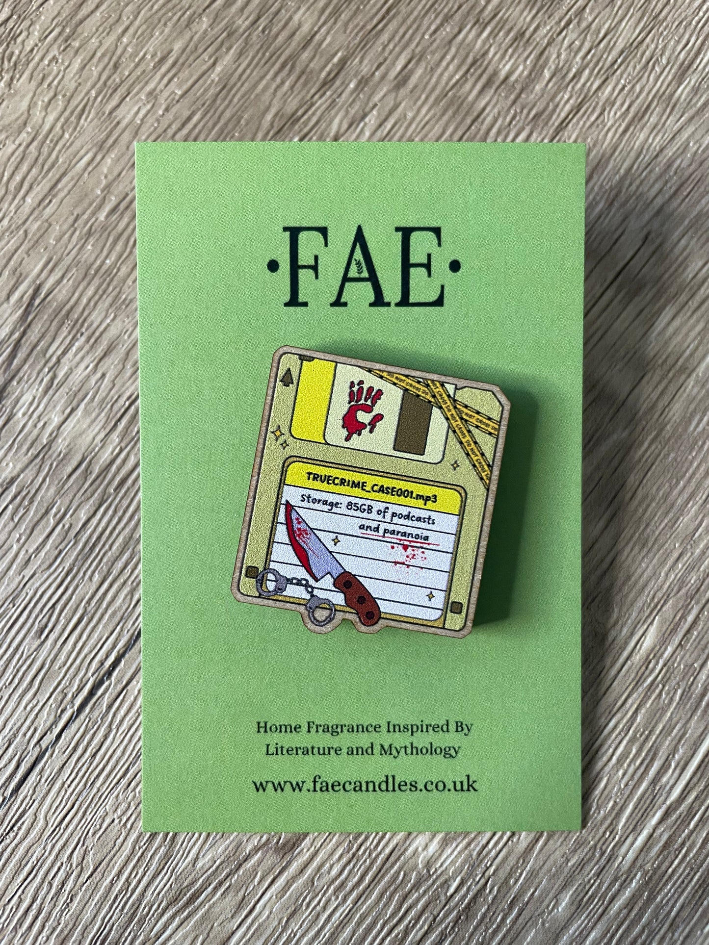 True Crime Floppy Disc - Wooden Pin Badge