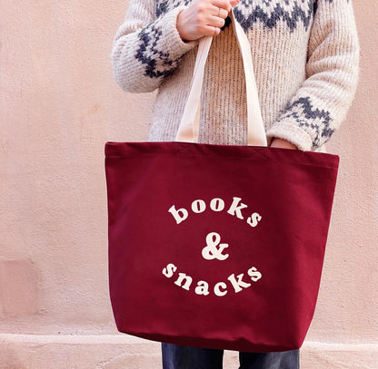 Books & Snacks - Burgundy Canvas Tote Bag