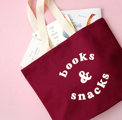 Books & Snacks - Burgundy Canvas Tote Bag