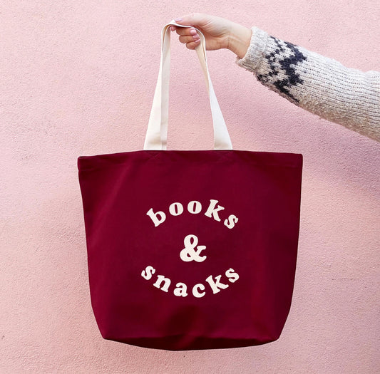 Books & Snacks - Burgundy Canvas Tote Bag