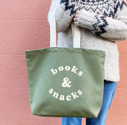 Books & Snacks - Olive Green Canvas Tote Bag